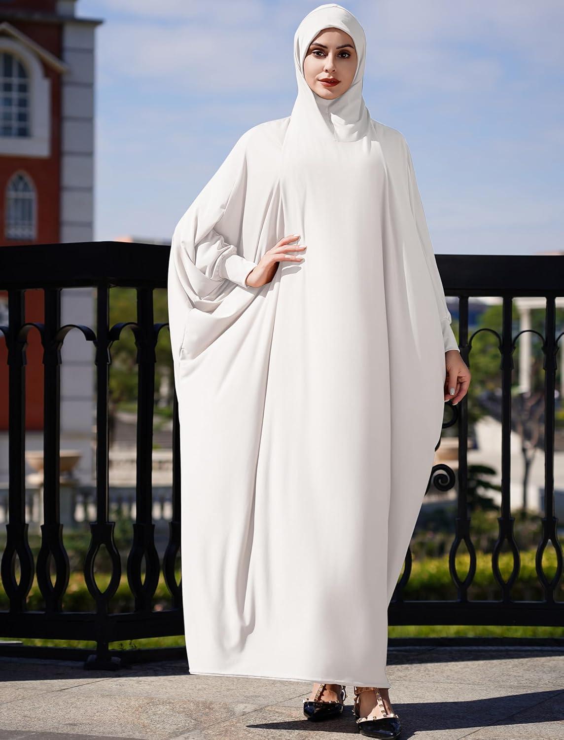 imageIDOPIP Muslim Dresses for Women One Piece Long Sleeve Islamic Prayer Ramadan Abaya Hooded Hijab Loose Maxi Kaftan Dubai RobeWhite