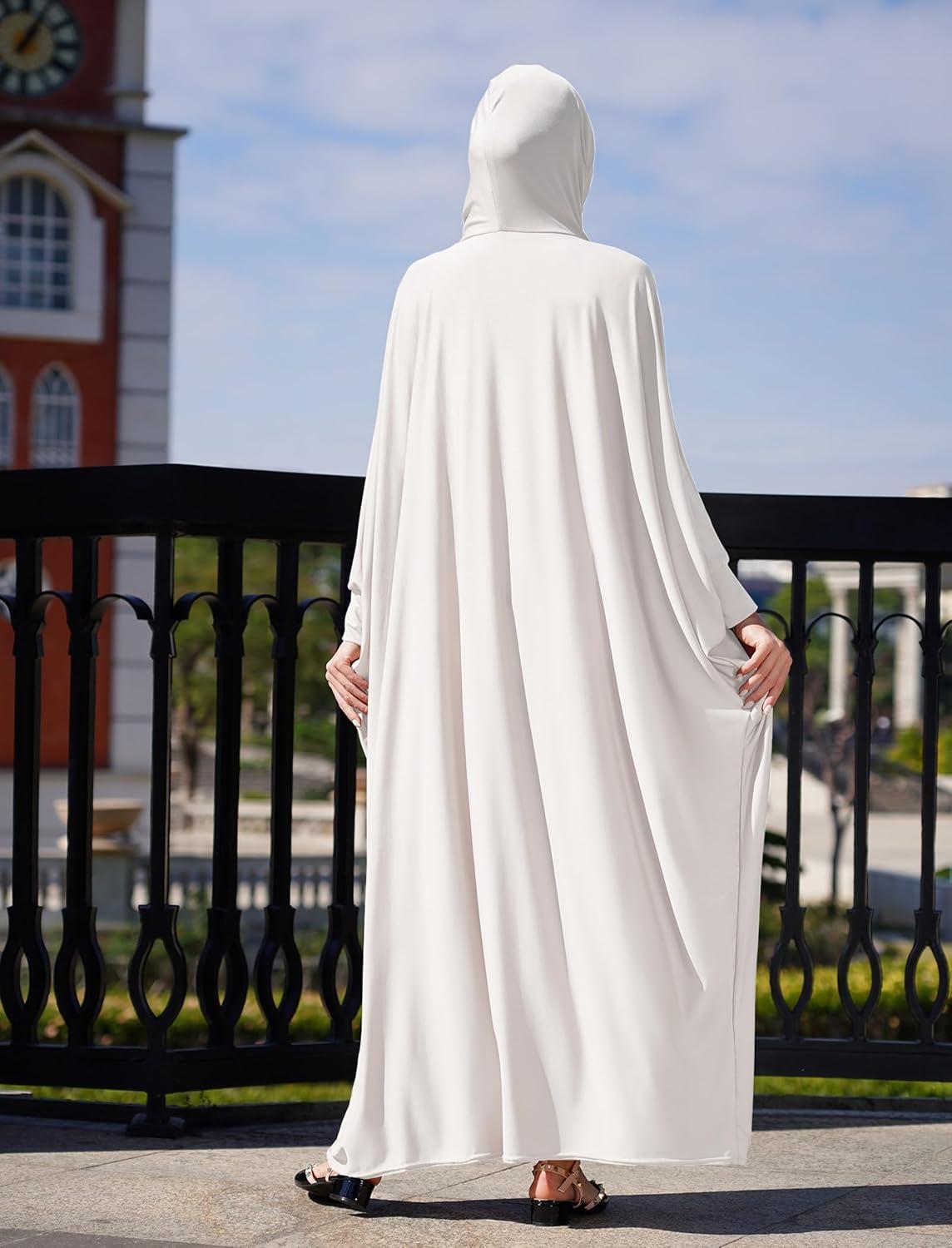 imageIDOPIP Muslim Dresses for Women One Piece Long Sleeve Islamic Prayer Ramadan Abaya Hooded Hijab Loose Maxi Kaftan Dubai RobeWhite