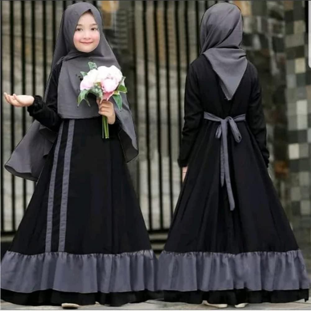imageIDOPIP Muslim Girls Dress for Kids Long Sleeve Islamic Prayer Abaya Dress Maxi Kaftan Thobe with Hijab 2PCS Modest ClothesBlack  Bow