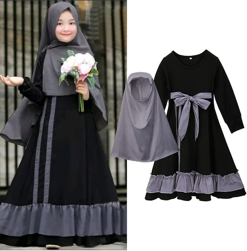 imageIDOPIP Muslim Girls Dress for Kids Long Sleeve Islamic Prayer Abaya Dress Maxi Kaftan Thobe with Hijab 2PCS Modest ClothesBlack  Bow