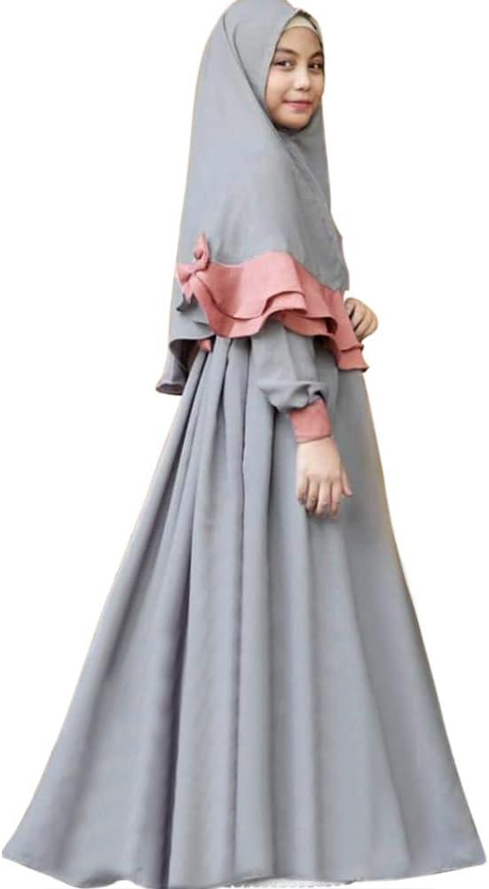 imageIDOPIP Muslim Girls Dress for Kids Long Sleeve Islamic Prayer Abaya Dress Maxi Kaftan Thobe with Hijab 2PCS Modest ClothesGray  Plain