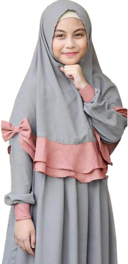 imageIDOPIP Muslim Girls Dress for Kids Long Sleeve Islamic Prayer Abaya Dress Maxi Kaftan Thobe with Hijab 2PCS Modest ClothesGray  Plain