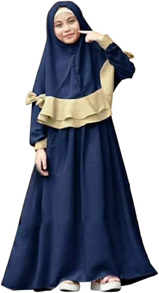 imageIDOPIP Muslim Girls Dress for Kids Long Sleeve Islamic Prayer Abaya Dress Maxi Kaftan Thobe with Hijab 2PCS Modest ClothesNavy Blue  Plain