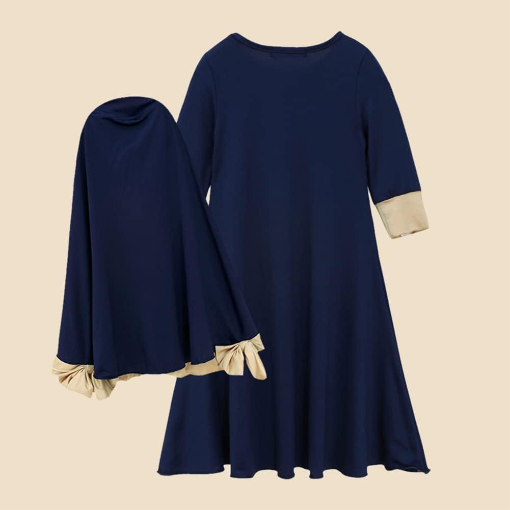 imageIDOPIP Muslim Girls Dress for Kids Long Sleeve Islamic Prayer Abaya Dress Maxi Kaftan Thobe with Hijab 2PCS Modest ClothesNavy Blue  Plain