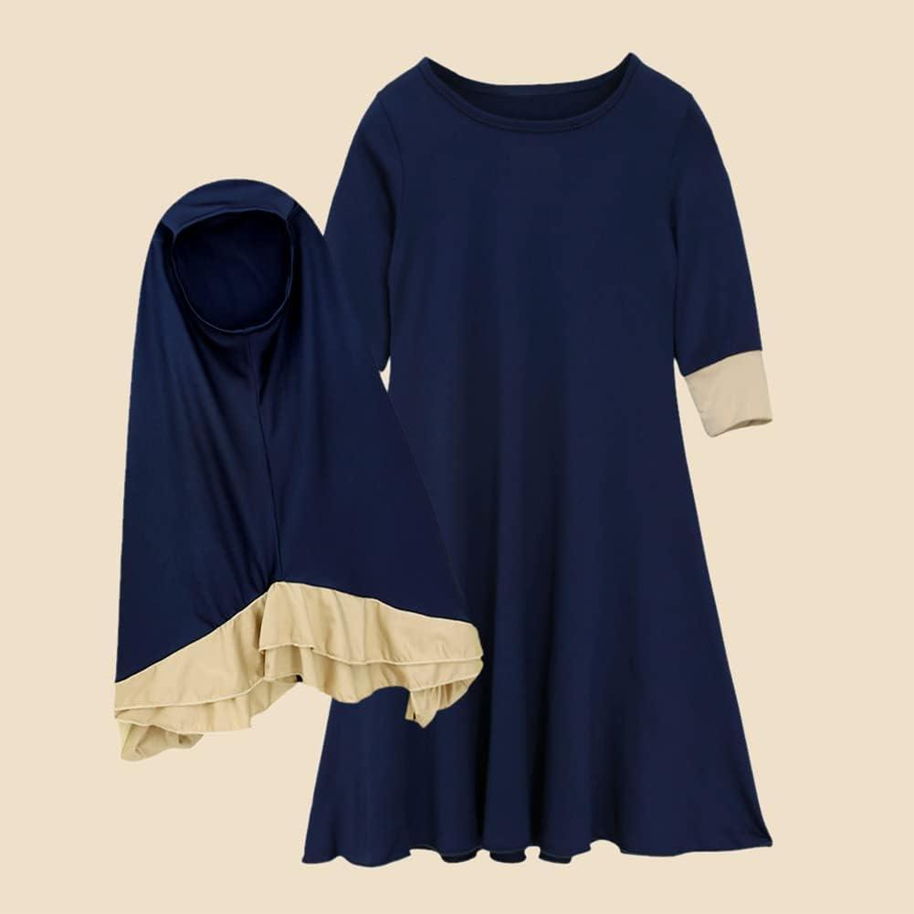 imageIDOPIP Muslim Girls Dress for Kids Long Sleeve Islamic Prayer Abaya Dress Maxi Kaftan Thobe with Hijab 2PCS Modest ClothesNavy Blue  Plain