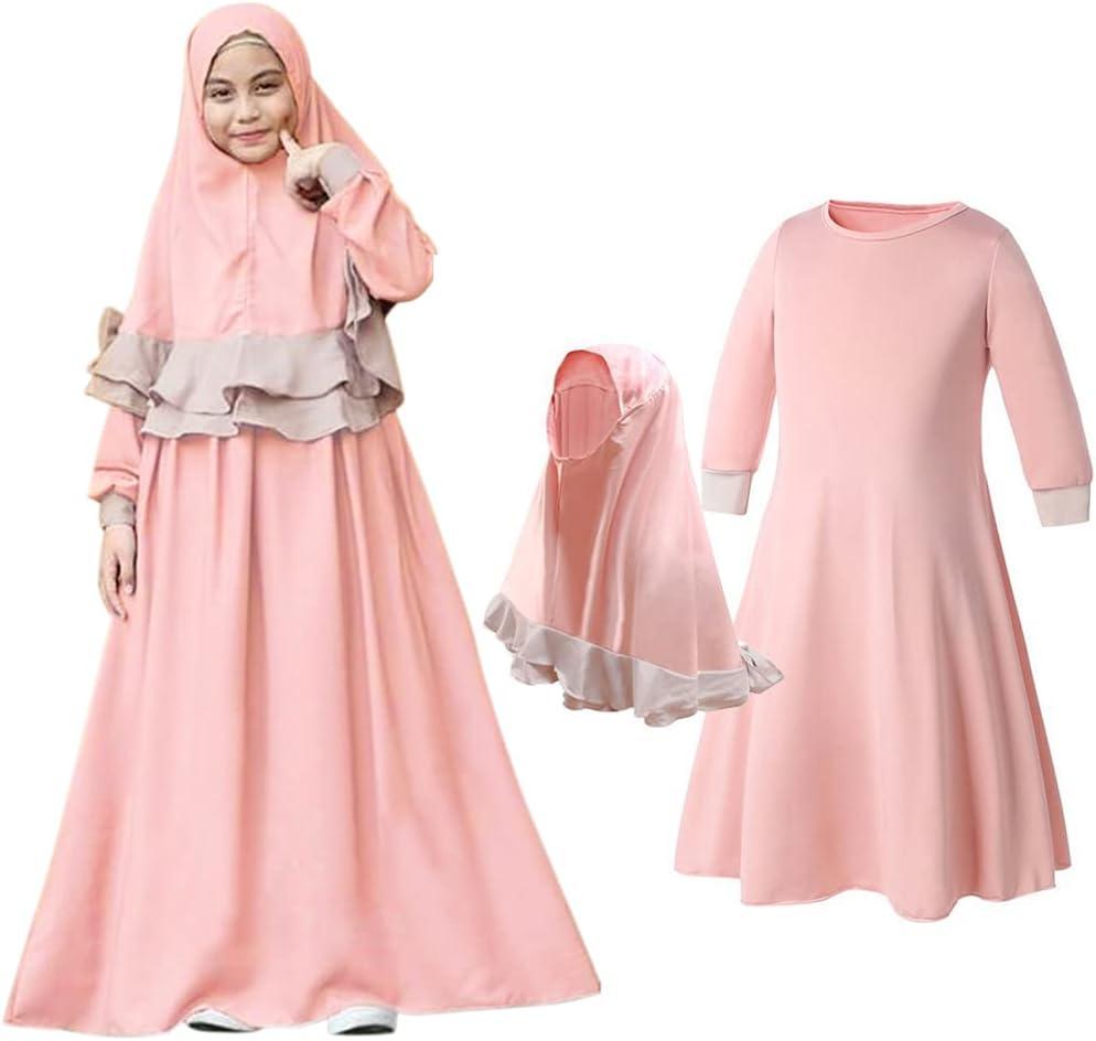 imageIDOPIP Muslim Girls Dress for Kids Long Sleeve Islamic Prayer Abaya Dress Maxi Kaftan Thobe with Hijab 2PCS Modest ClothesPink  Plain