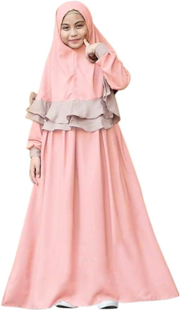 imageIDOPIP Muslim Girls Dress for Kids Long Sleeve Islamic Prayer Abaya Dress Maxi Kaftan Thobe with Hijab 2PCS Modest ClothesPink  Plain