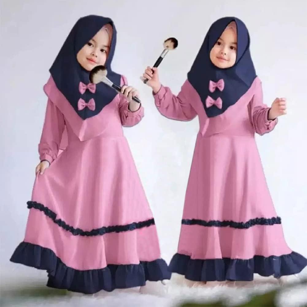 imageIDOPIP Muslim Girls Dress for Kids Long Sleeve Islamic Prayer Abaya Dress Maxi Kaftan Thobe with Hijab 2PCS Modest ClothesPink  Ruffle