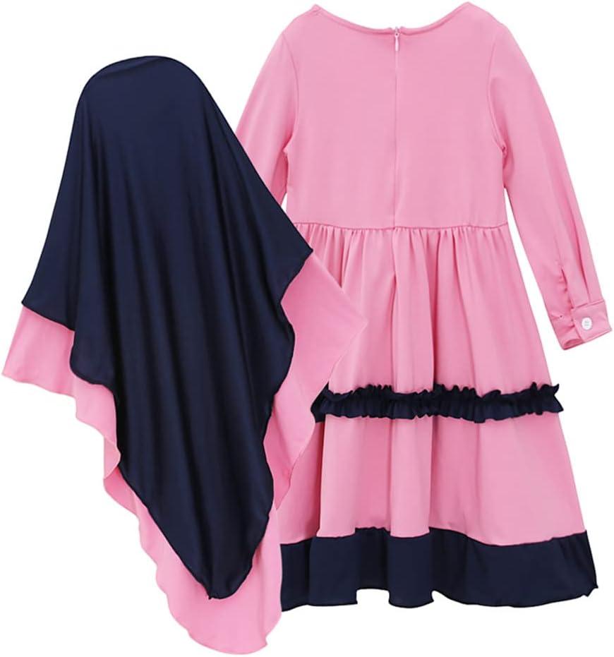 imageIDOPIP Muslim Girls Dress for Kids Long Sleeve Islamic Prayer Abaya Dress Maxi Kaftan Thobe with Hijab 2PCS Modest ClothesPink  Ruffle