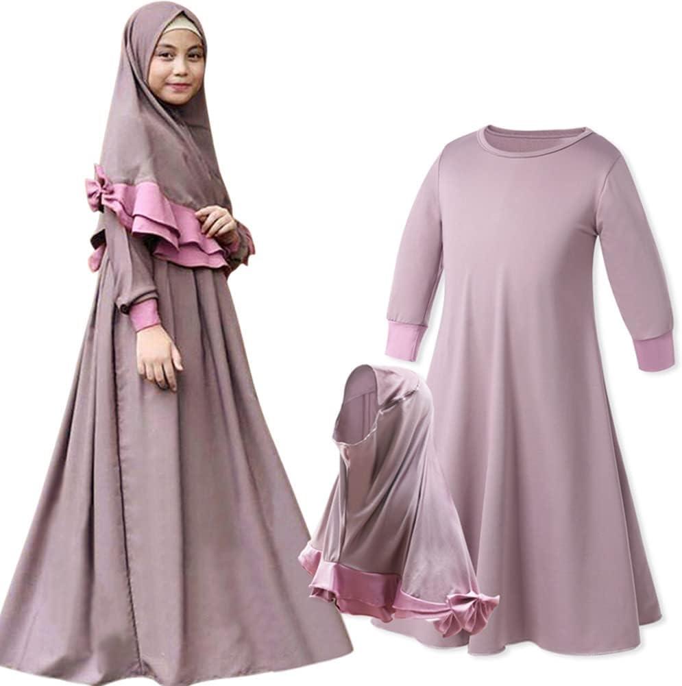 imageIDOPIP Muslim Girls Dress for Kids Long Sleeve Islamic Prayer Abaya Dress Maxi Kaftan Thobe with Hijab 2PCS Modest ClothesPurple  Plain