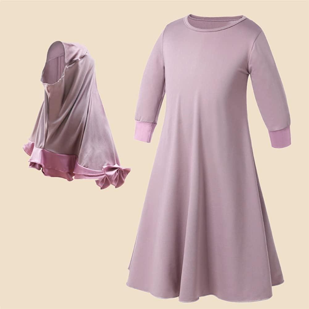 imageIDOPIP Muslim Girls Dress for Kids Long Sleeve Islamic Prayer Abaya Dress Maxi Kaftan Thobe with Hijab 2PCS Modest ClothesPurple  Plain