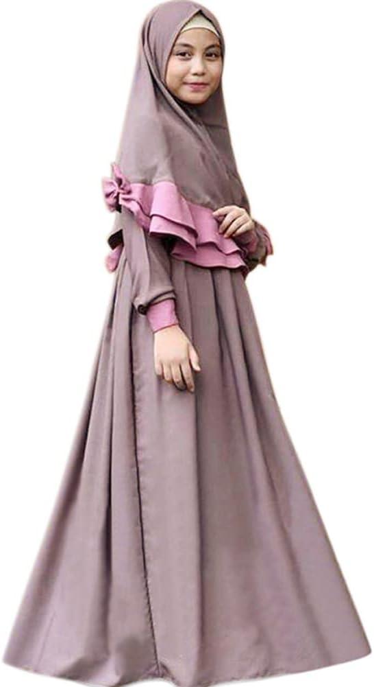 imageIDOPIP Muslim Girls Dress for Kids Long Sleeve Islamic Prayer Abaya Dress Maxi Kaftan Thobe with Hijab 2PCS Modest ClothesPurple  Plain
