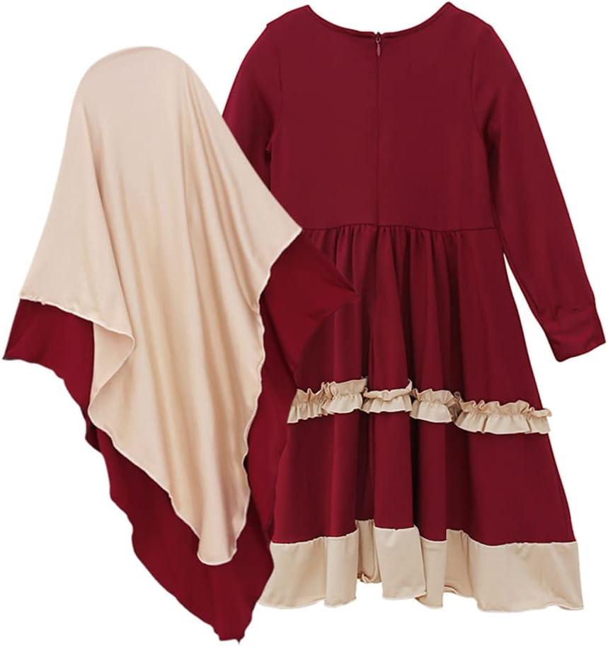 imageIDOPIP Muslim Girls Dress for Kids Long Sleeve Islamic Prayer Abaya Dress Maxi Kaftan Thobe with Hijab 2PCS Modest ClothesRed  Ruffle