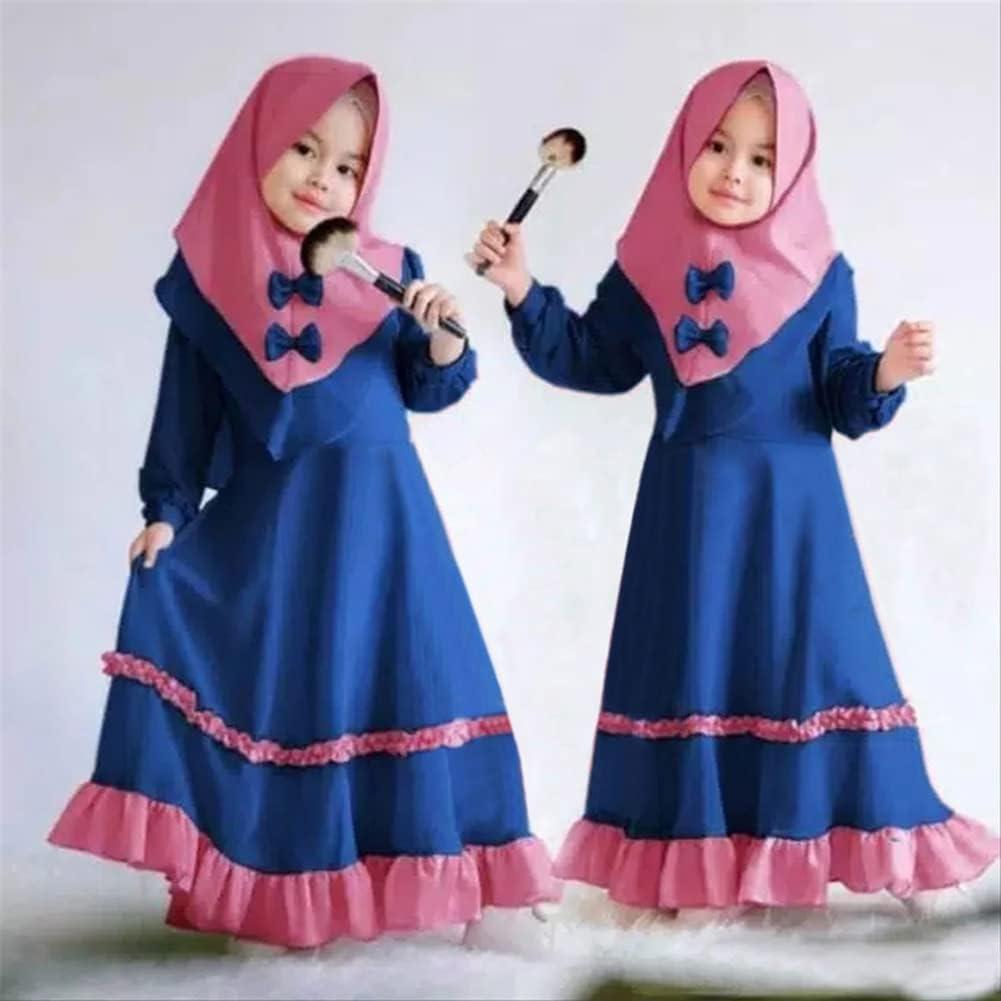 imageIDOPIP Muslim Girls Dress for Kids Long Sleeve Islamic Prayer Abaya Dress Maxi Kaftan Thobe with Hijab 2PCS Modest ClothesRoyal Blue  Pink  Ruffle