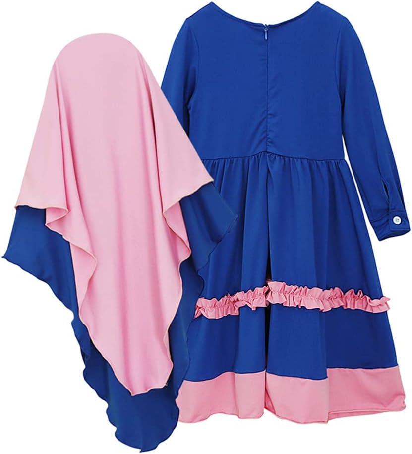 imageIDOPIP Muslim Girls Dress for Kids Long Sleeve Islamic Prayer Abaya Dress Maxi Kaftan Thobe with Hijab 2PCS Modest ClothesRoyal Blue  Pink  Ruffle