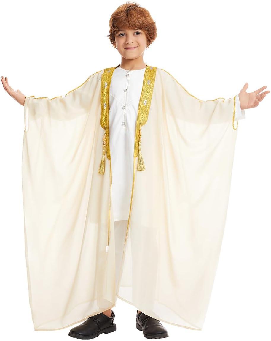imageIDOPIP Muslim Thobe for Boys Islamic Arabic Kaftan Robe Ramadan Kids Long Sleeve Embroidery Tassels Open Front Cardigan ThobeBeige