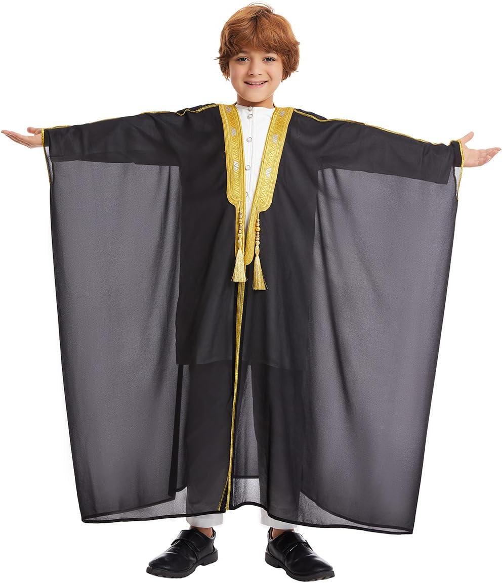 imageIDOPIP Muslim Thobe for Boys Islamic Arabic Kaftan Robe Ramadan Kids Long Sleeve Embroidery Tassels Open Front Cardigan ThobeBlack