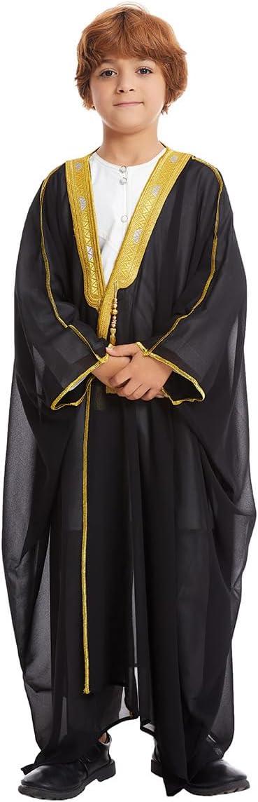 imageIDOPIP Muslim Thobe for Boys Islamic Arabic Kaftan Robe Ramadan Kids Long Sleeve Embroidery Tassels Open Front Cardigan ThobeBlack