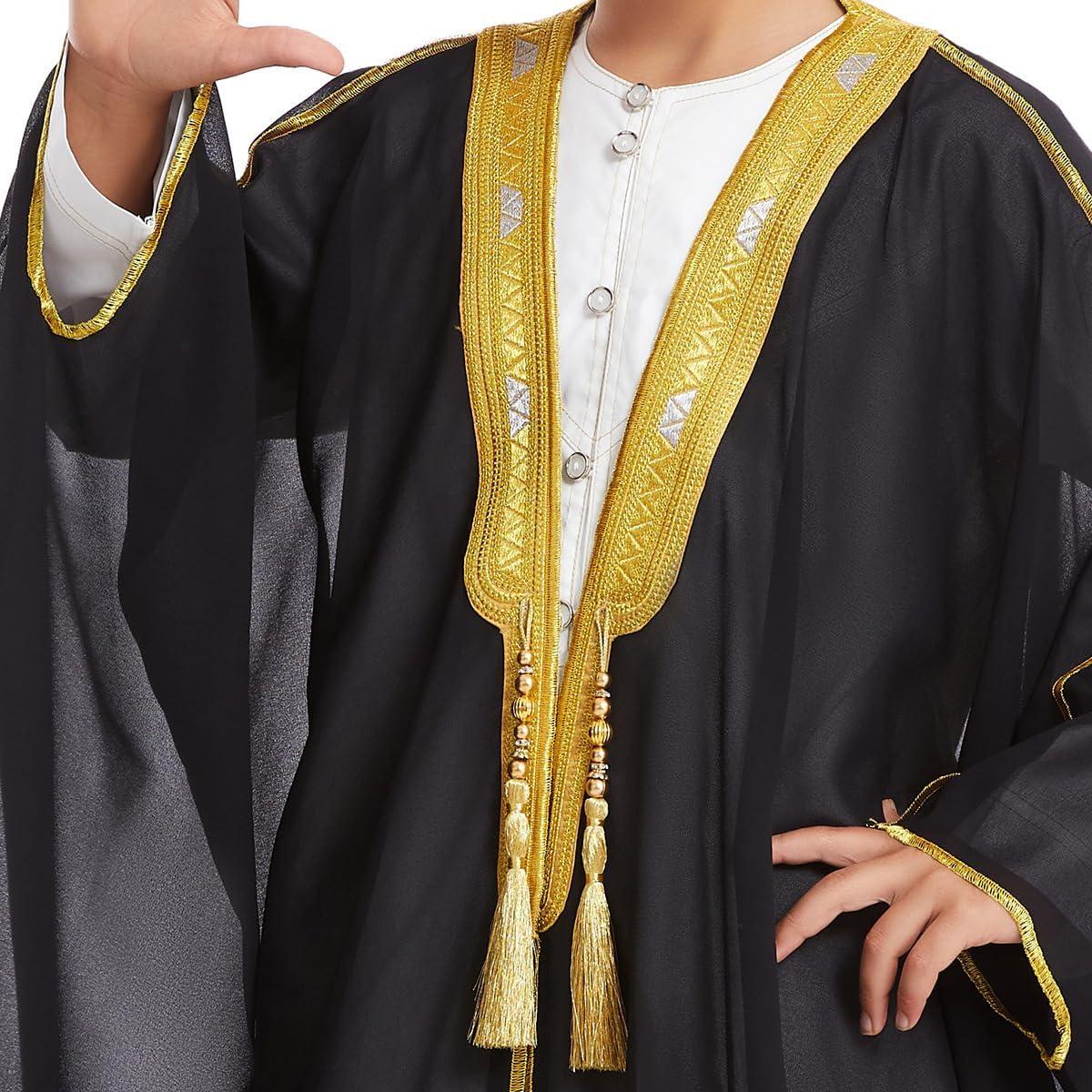 imageIDOPIP Muslim Thobe for Boys Islamic Arabic Kaftan Robe Ramadan Kids Long Sleeve Embroidery Tassels Open Front Cardigan ThobeBlack