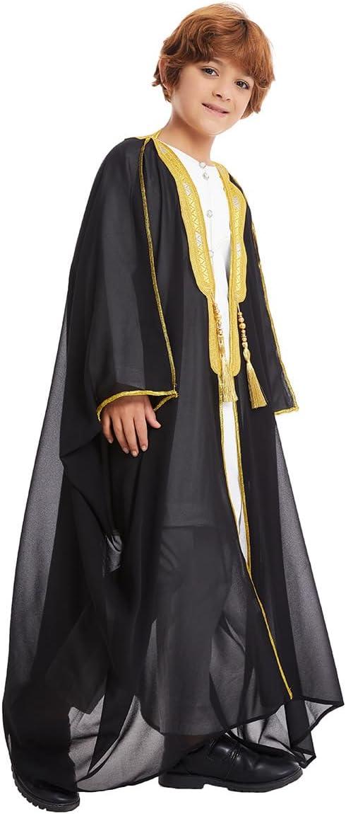 imageIDOPIP Muslim Thobe for Boys Islamic Arabic Kaftan Robe Ramadan Kids Long Sleeve Embroidery Tassels Open Front Cardigan ThobeBlack