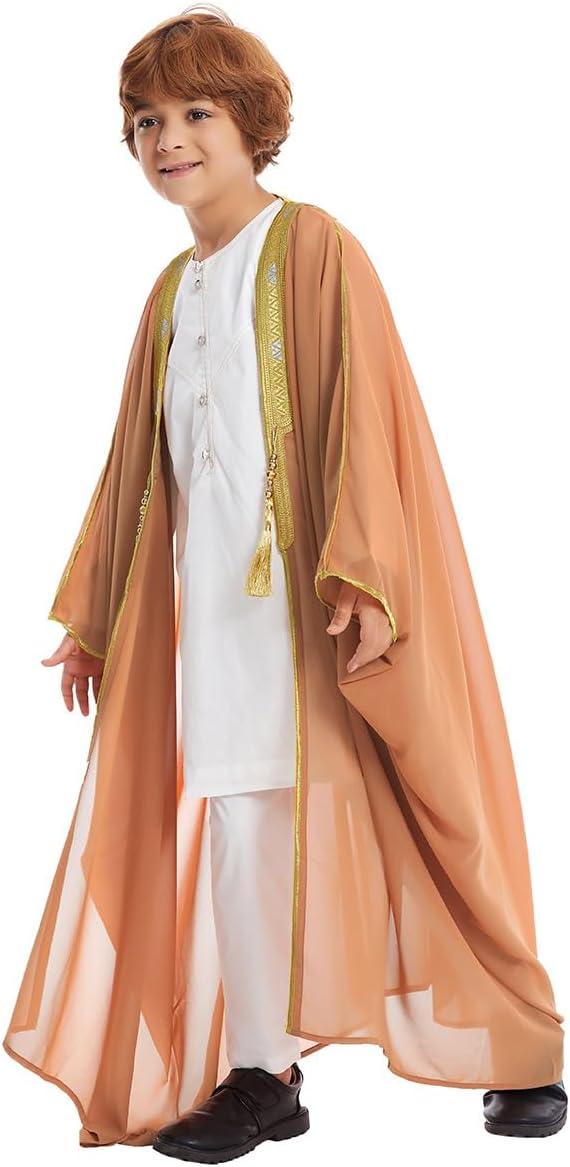 imageIDOPIP Muslim Thobe for Boys Islamic Arabic Kaftan Robe Ramadan Kids Long Sleeve Embroidery Tassels Open Front Cardigan ThobeCamel