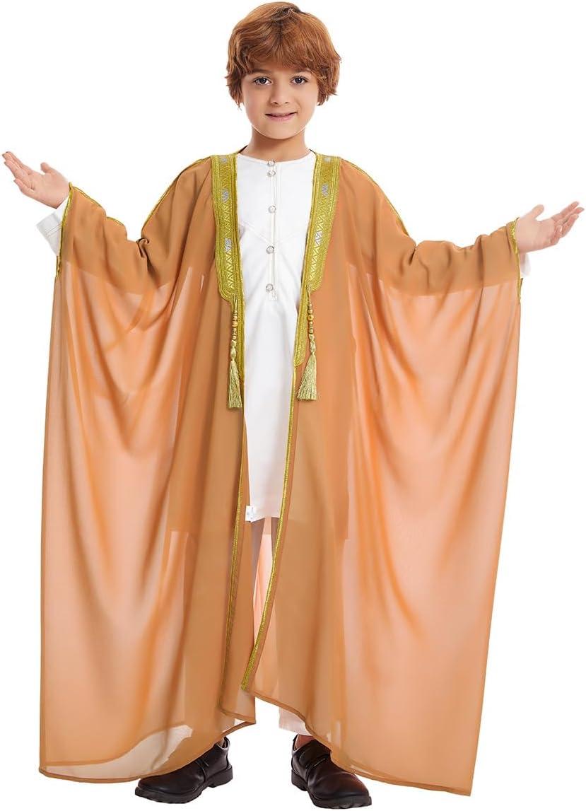 imageIDOPIP Muslim Thobe for Boys Islamic Arabic Kaftan Robe Ramadan Kids Long Sleeve Embroidery Tassels Open Front Cardigan ThobeCamel