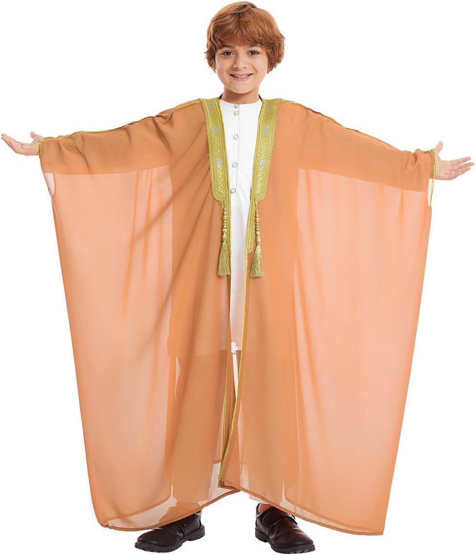 imageIDOPIP Muslim Thobe for Boys Islamic Arabic Kaftan Robe Ramadan Kids Long Sleeve Embroidery Tassels Open Front Cardigan ThobeCamel