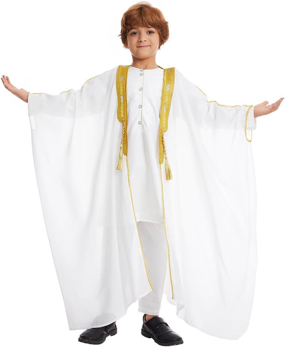 imageIDOPIP Muslim Thobe for Boys Islamic Arabic Kaftan Robe Ramadan Kids Long Sleeve Embroidery Tassels Open Front Cardigan ThobeWhite