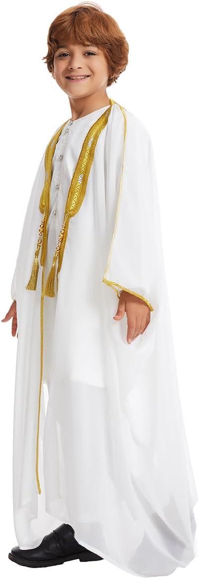 imageIDOPIP Muslim Thobe for Boys Islamic Arabic Kaftan Robe Ramadan Kids Long Sleeve Embroidery Tassels Open Front Cardigan ThobeWhite