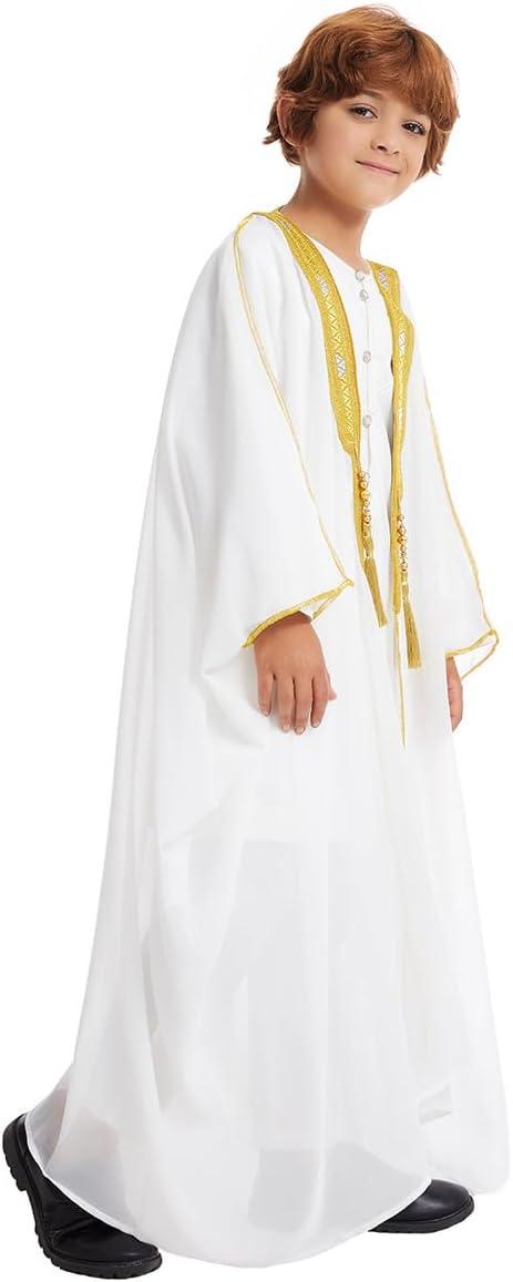 imageIDOPIP Muslim Thobe for Boys Islamic Arabic Kaftan Robe Ramadan Kids Long Sleeve Embroidery Tassels Open Front Cardigan ThobeWhite