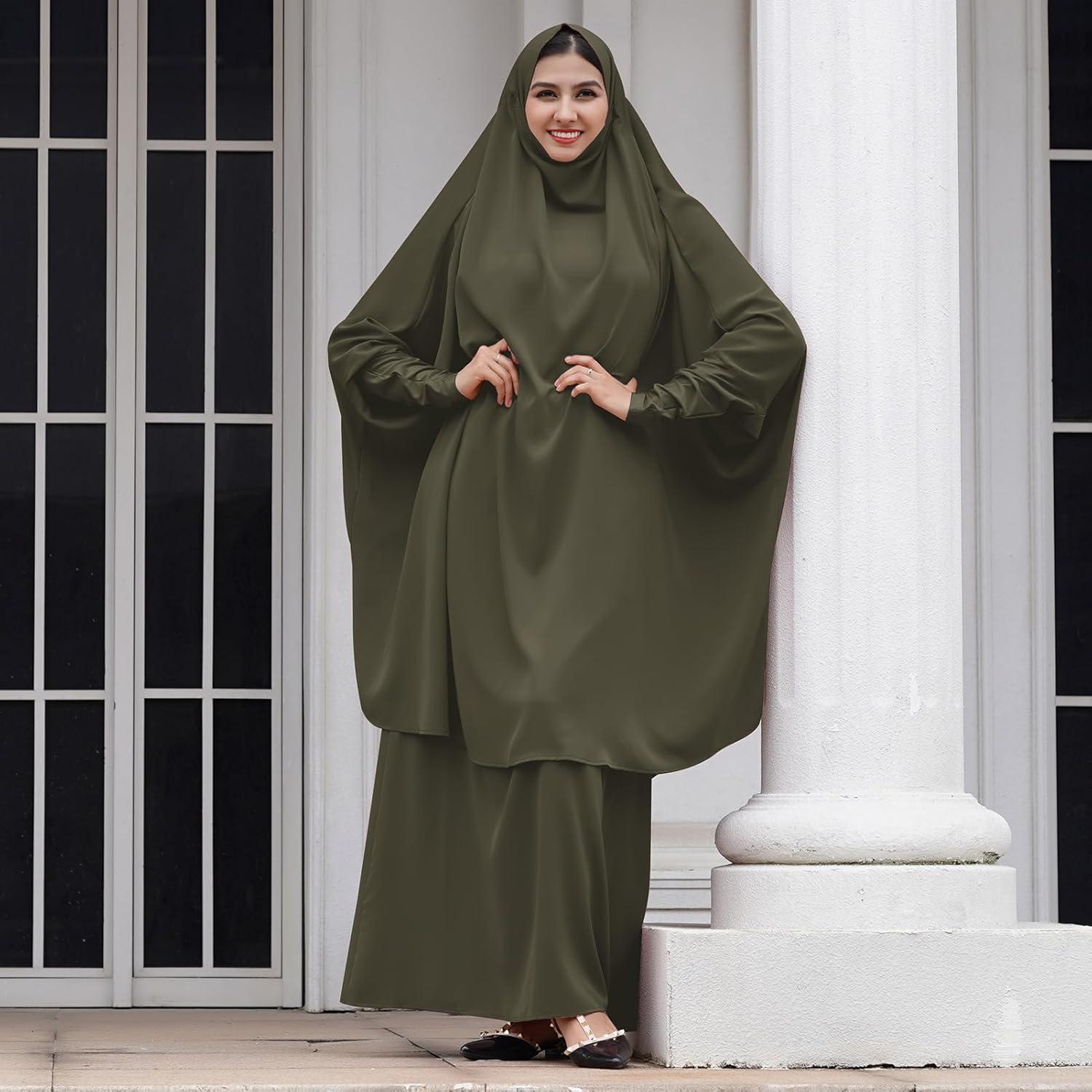 imageIDOPIP Two Pieces Jilbab Modest Dress for Muslim Women Long Maxi Khimar  Skirt with Hijab Burkas Islamic Abaya Dress OutfitArmy Green