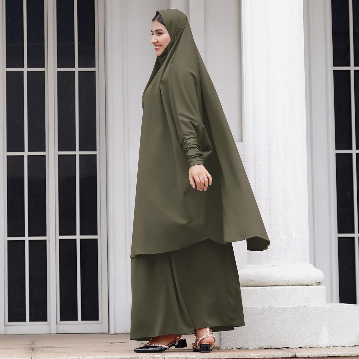 imageIDOPIP Two Pieces Jilbab Modest Dress for Muslim Women Long Maxi Khimar  Skirt with Hijab Burkas Islamic Abaya Dress OutfitArmy Green