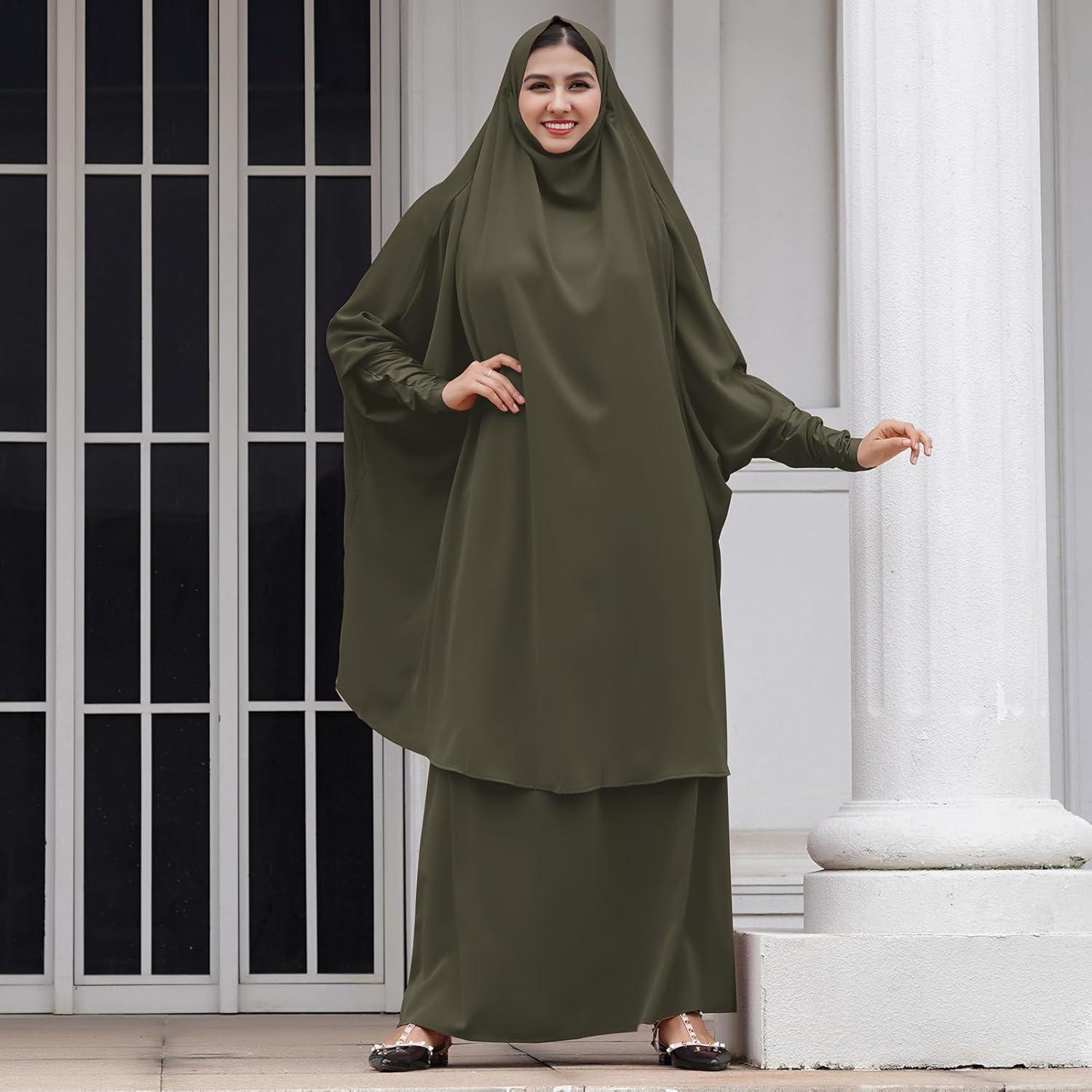 imageIDOPIP Two Pieces Jilbab Modest Dress for Muslim Women Long Maxi Khimar  Skirt with Hijab Burkas Islamic Abaya Dress OutfitArmy Green