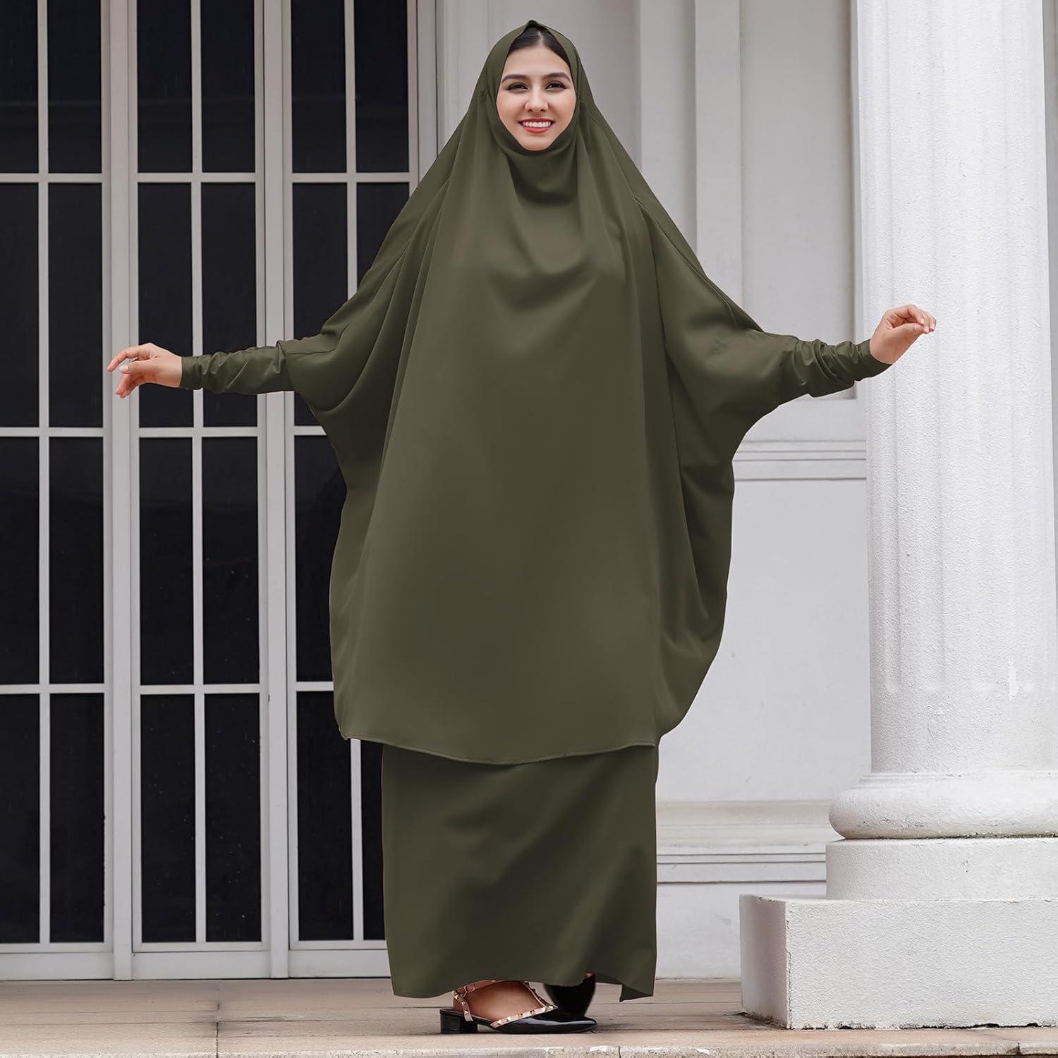 imageIDOPIP Two Pieces Jilbab Modest Dress for Muslim Women Long Maxi Khimar  Skirt with Hijab Burkas Islamic Abaya Dress OutfitArmy Green