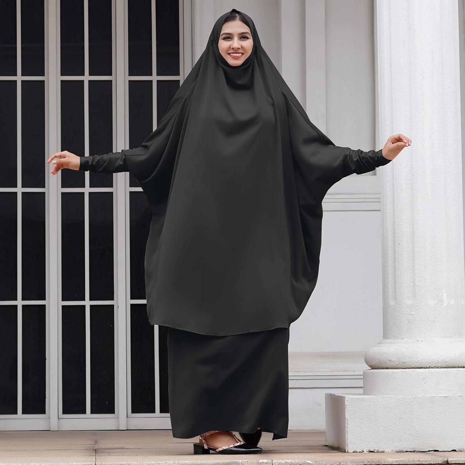 imageIDOPIP Two Pieces Jilbab Modest Dress for Muslim Women Long Maxi Khimar  Skirt with Hijab Burkas Islamic Abaya Dress OutfitBlack