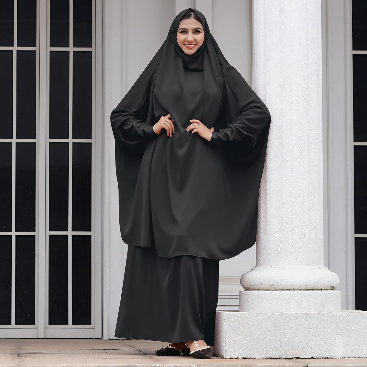 imageIDOPIP Two Pieces Jilbab Modest Dress for Muslim Women Long Maxi Khimar  Skirt with Hijab Burkas Islamic Abaya Dress OutfitBlack