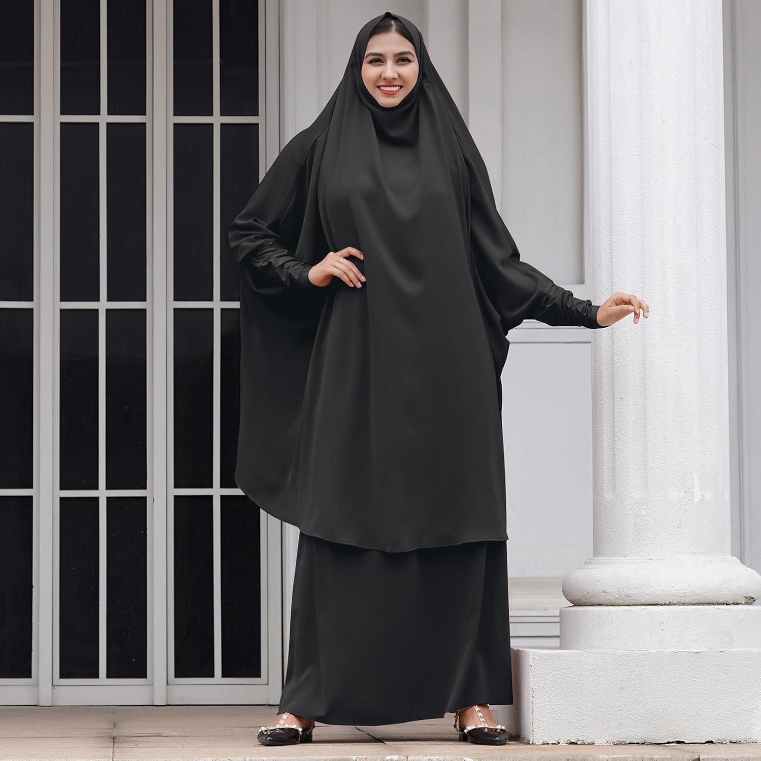 imageIDOPIP Two Pieces Jilbab Modest Dress for Muslim Women Long Maxi Khimar  Skirt with Hijab Burkas Islamic Abaya Dress OutfitBlack