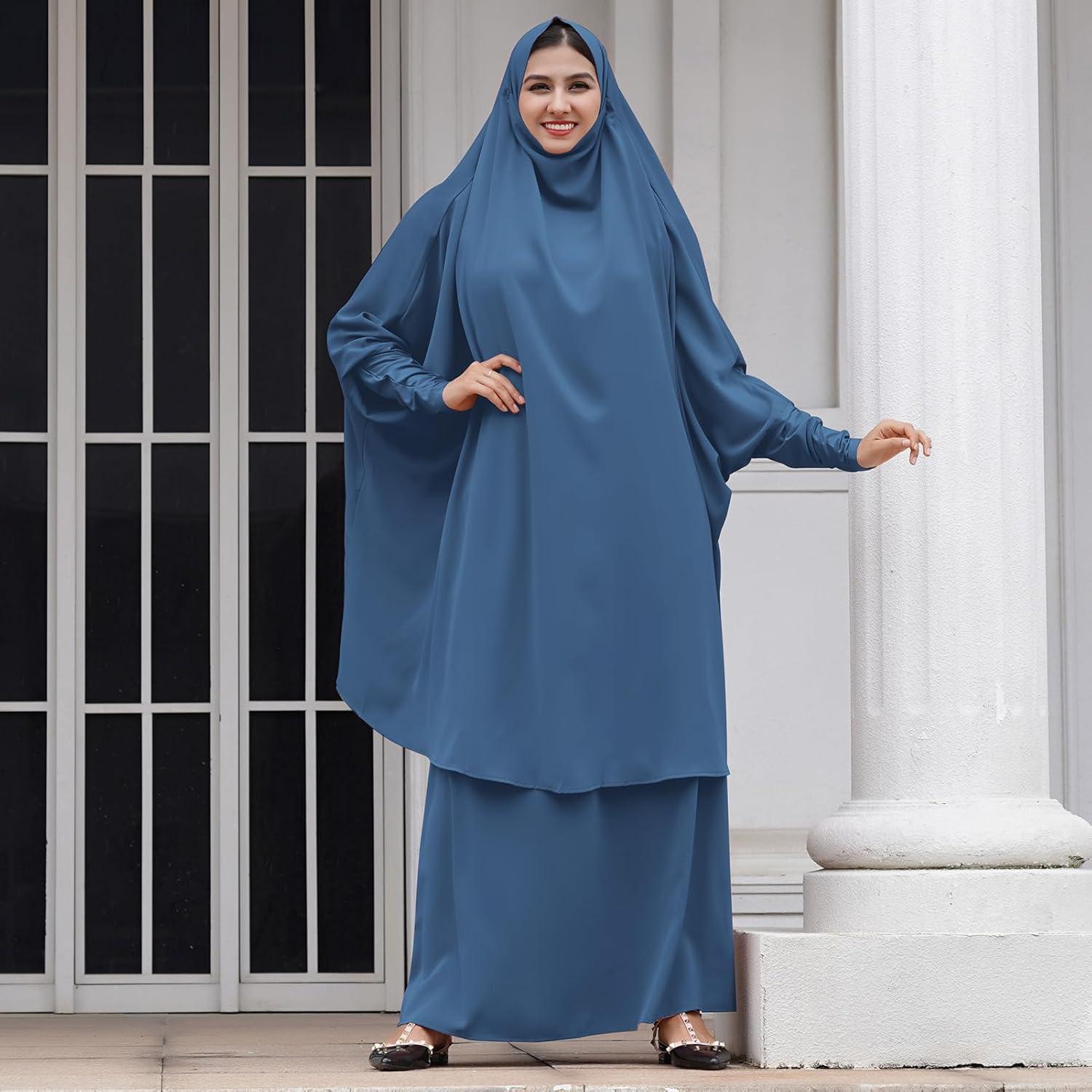 imageIDOPIP Two Pieces Jilbab Modest Dress for Muslim Women Long Maxi Khimar  Skirt with Hijab Burkas Islamic Abaya Dress OutfitBlue