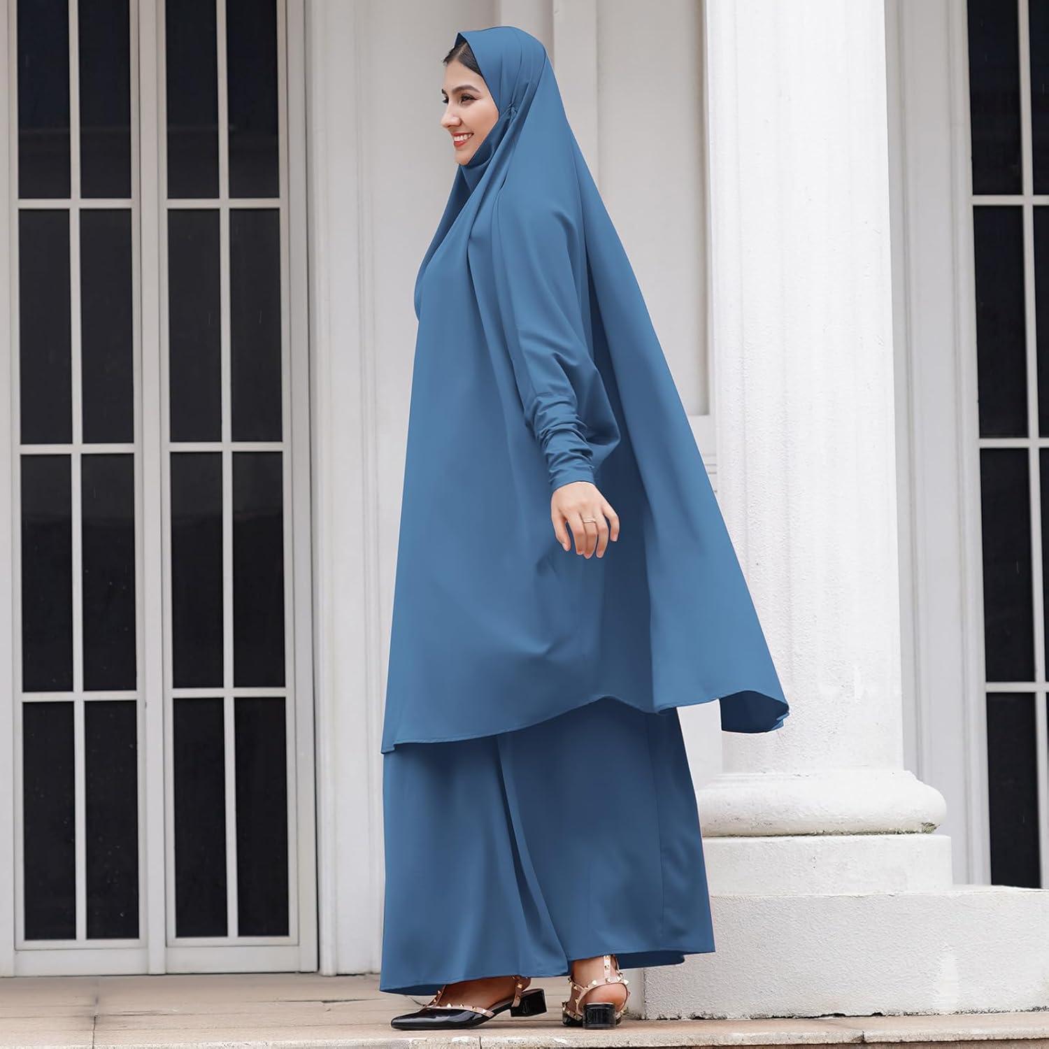 imageIDOPIP Two Pieces Jilbab Modest Dress for Muslim Women Long Maxi Khimar  Skirt with Hijab Burkas Islamic Abaya Dress OutfitBlue