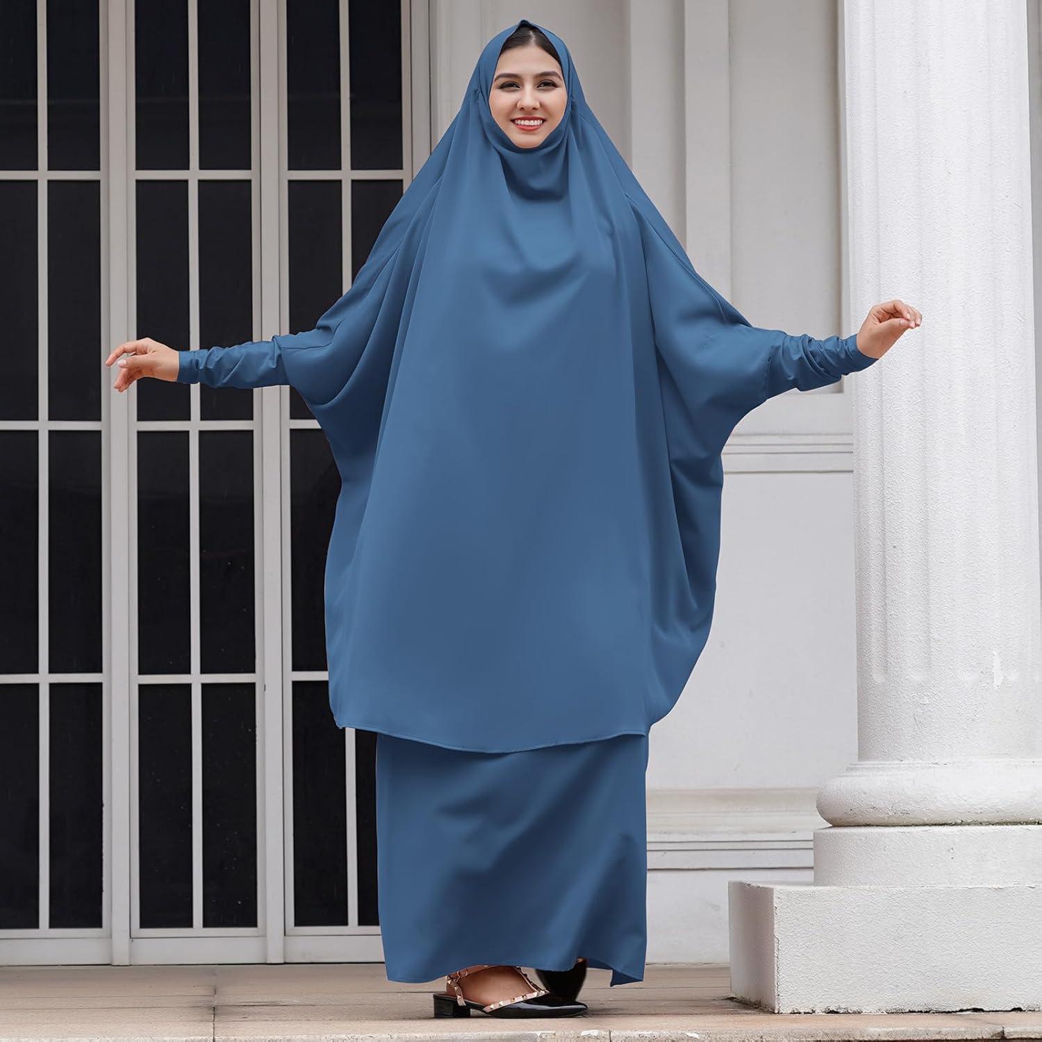 imageIDOPIP Two Pieces Jilbab Modest Dress for Muslim Women Long Maxi Khimar  Skirt with Hijab Burkas Islamic Abaya Dress OutfitBlue