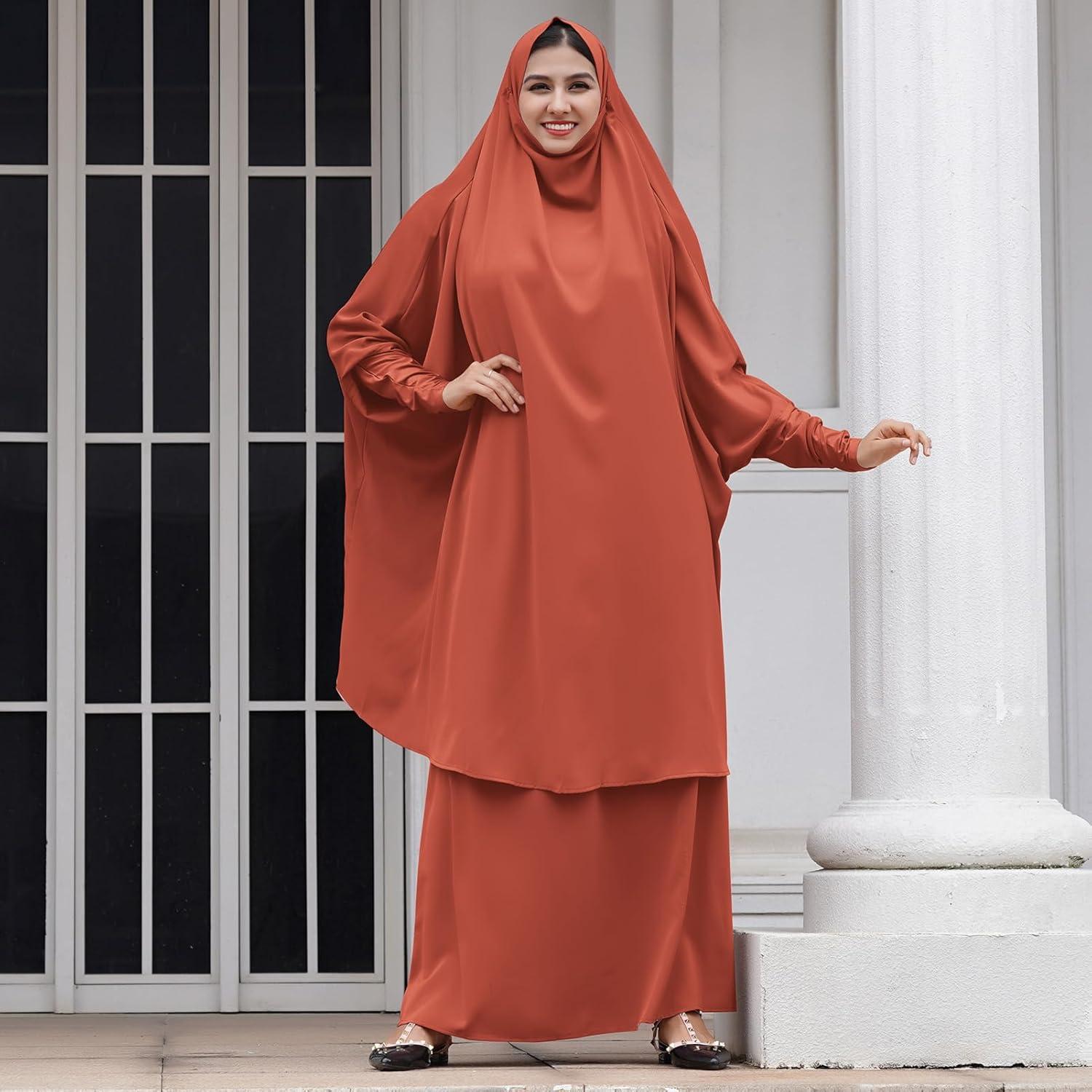 imageIDOPIP Two Pieces Jilbab Modest Dress for Muslim Women Long Maxi Khimar  Skirt with Hijab Burkas Islamic Abaya Dress OutfitOrange