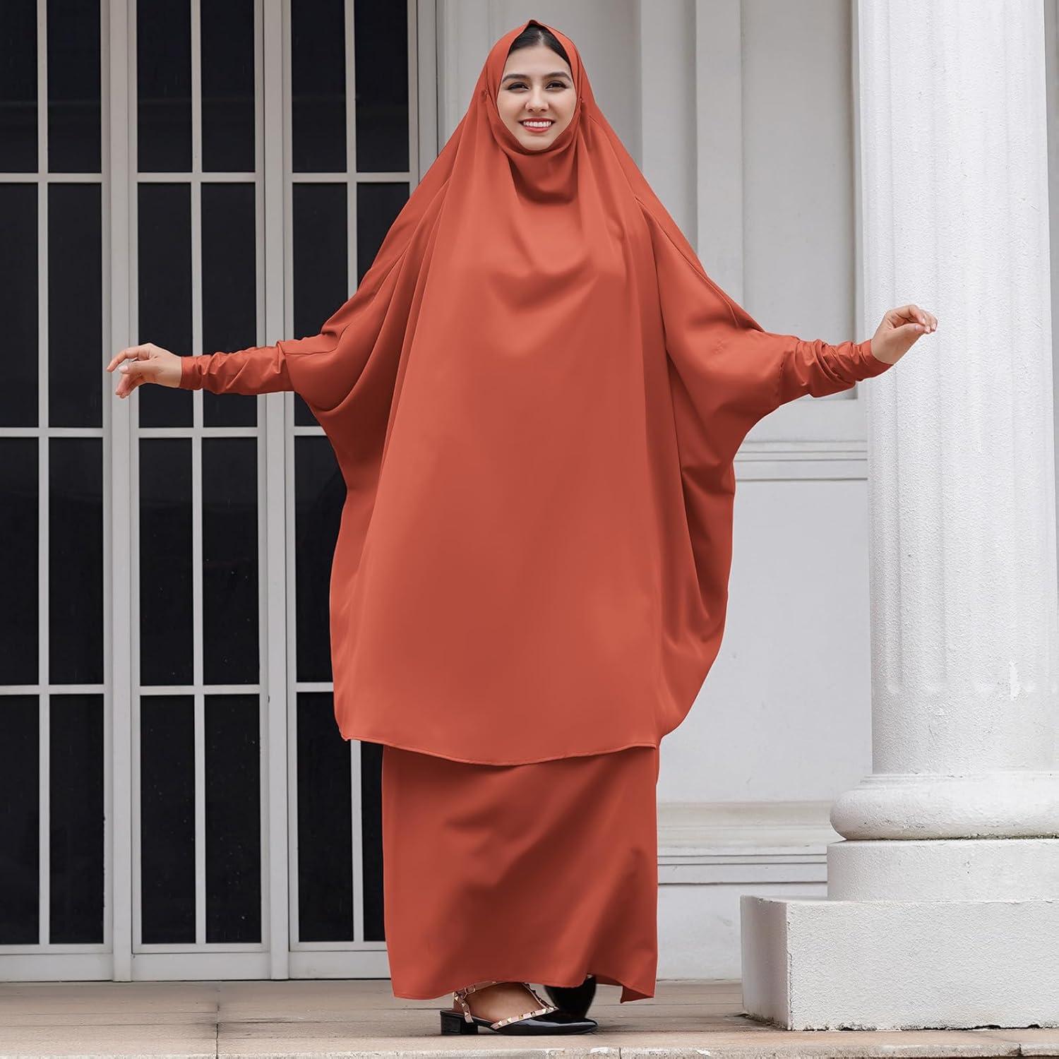 imageIDOPIP Two Pieces Jilbab Modest Dress for Muslim Women Long Maxi Khimar  Skirt with Hijab Burkas Islamic Abaya Dress OutfitOrange