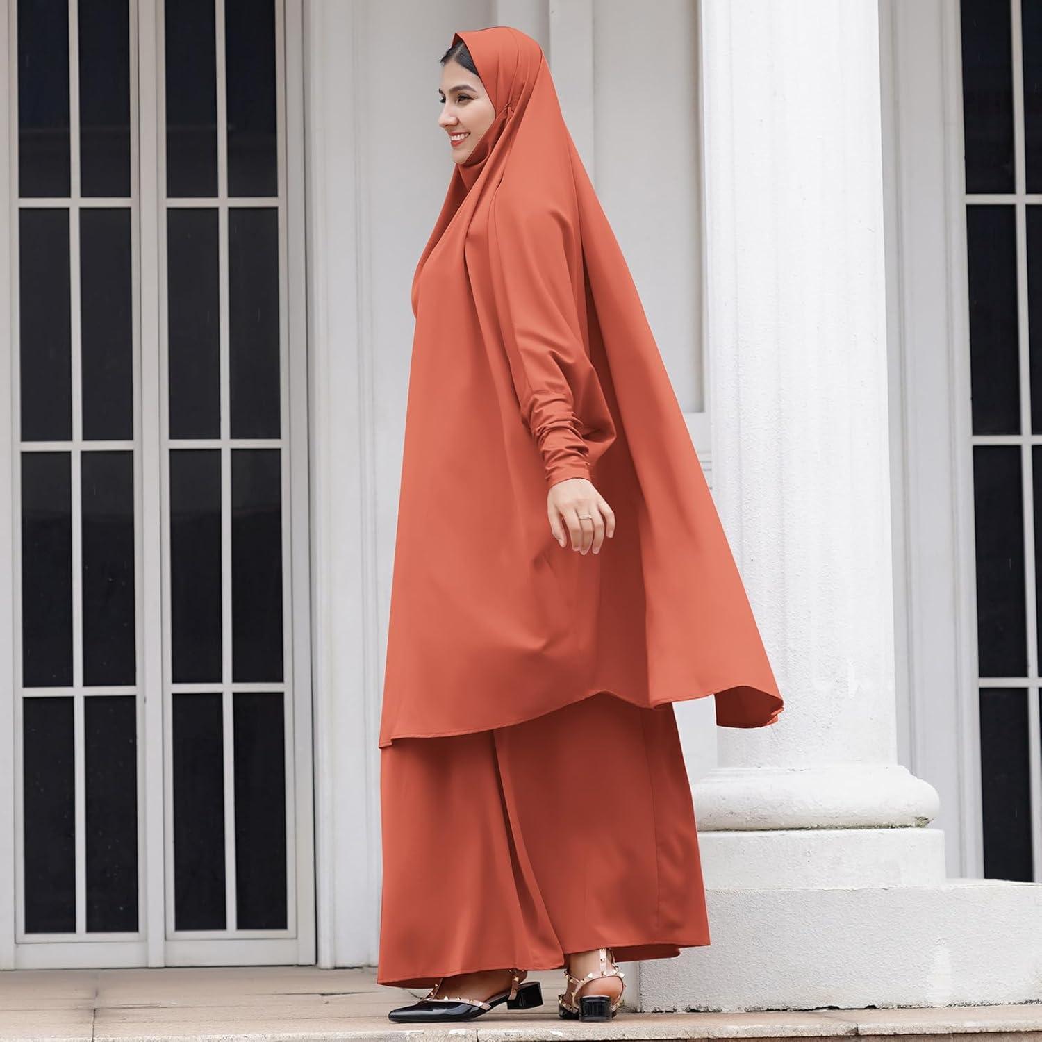 imageIDOPIP Two Pieces Jilbab Modest Dress for Muslim Women Long Maxi Khimar  Skirt with Hijab Burkas Islamic Abaya Dress OutfitOrange
