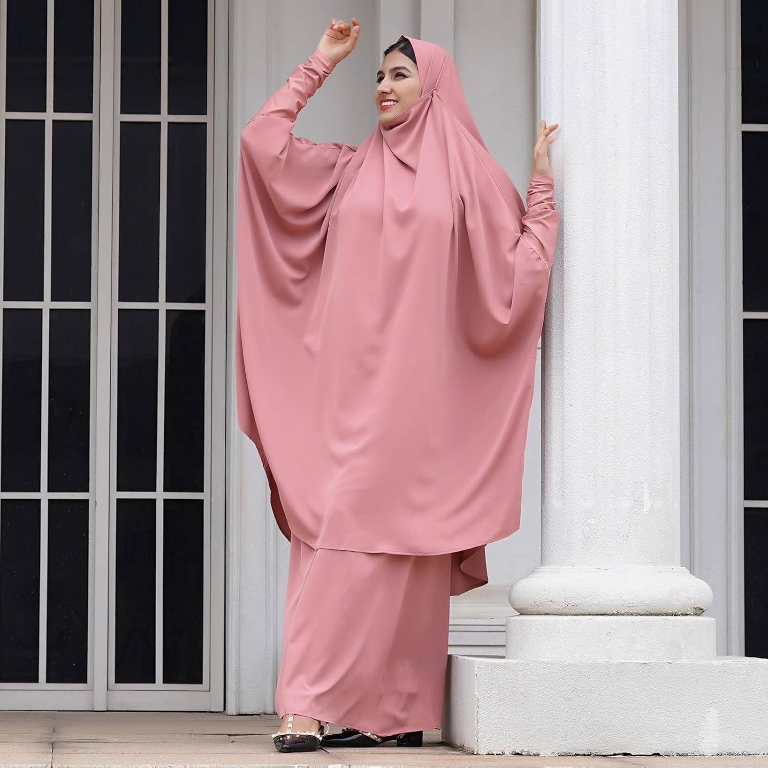 imageIDOPIP Two Pieces Jilbab Modest Dress for Muslim Women Long Maxi Khimar  Skirt with Hijab Burkas Islamic Abaya Dress OutfitPink