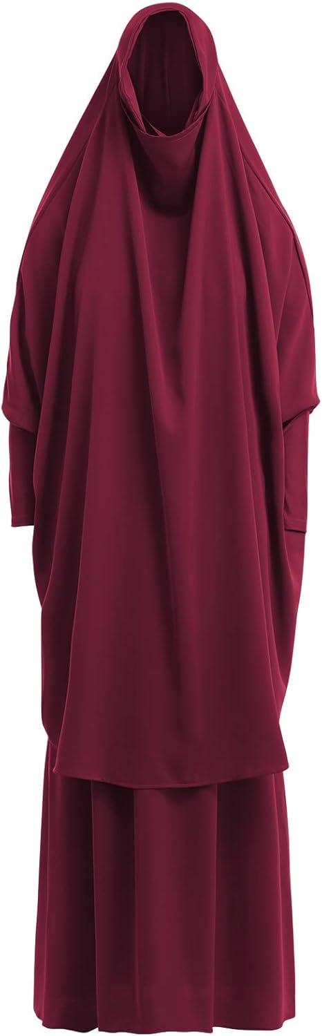 imageIDOPIP Two Pieces Jilbab Modest Dress for Muslim Women Long Maxi Khimar  Skirt with Hijab Burkas Islamic Abaya Dress OutfitWine Red