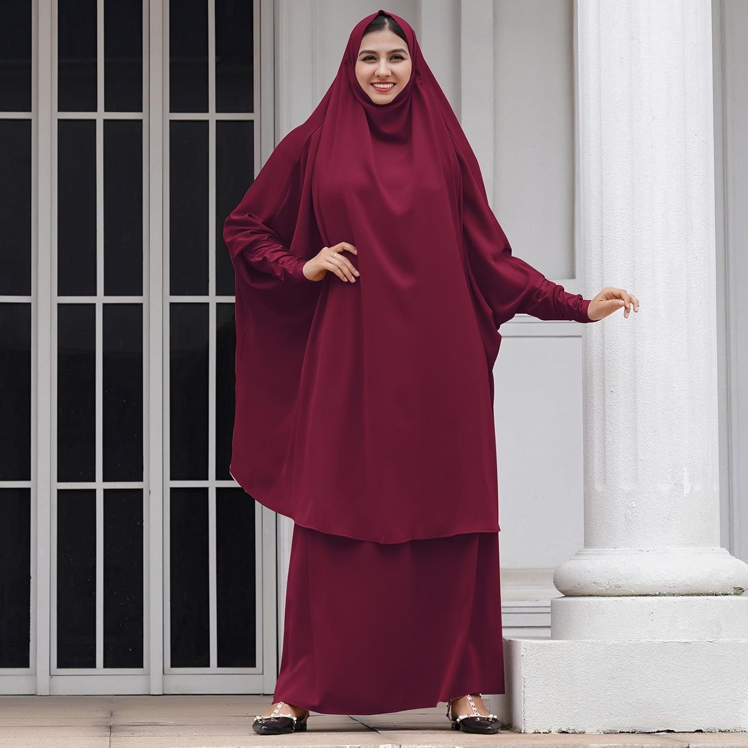 imageIDOPIP Two Pieces Jilbab Modest Dress for Muslim Women Long Maxi Khimar  Skirt with Hijab Burkas Islamic Abaya Dress OutfitWine Red