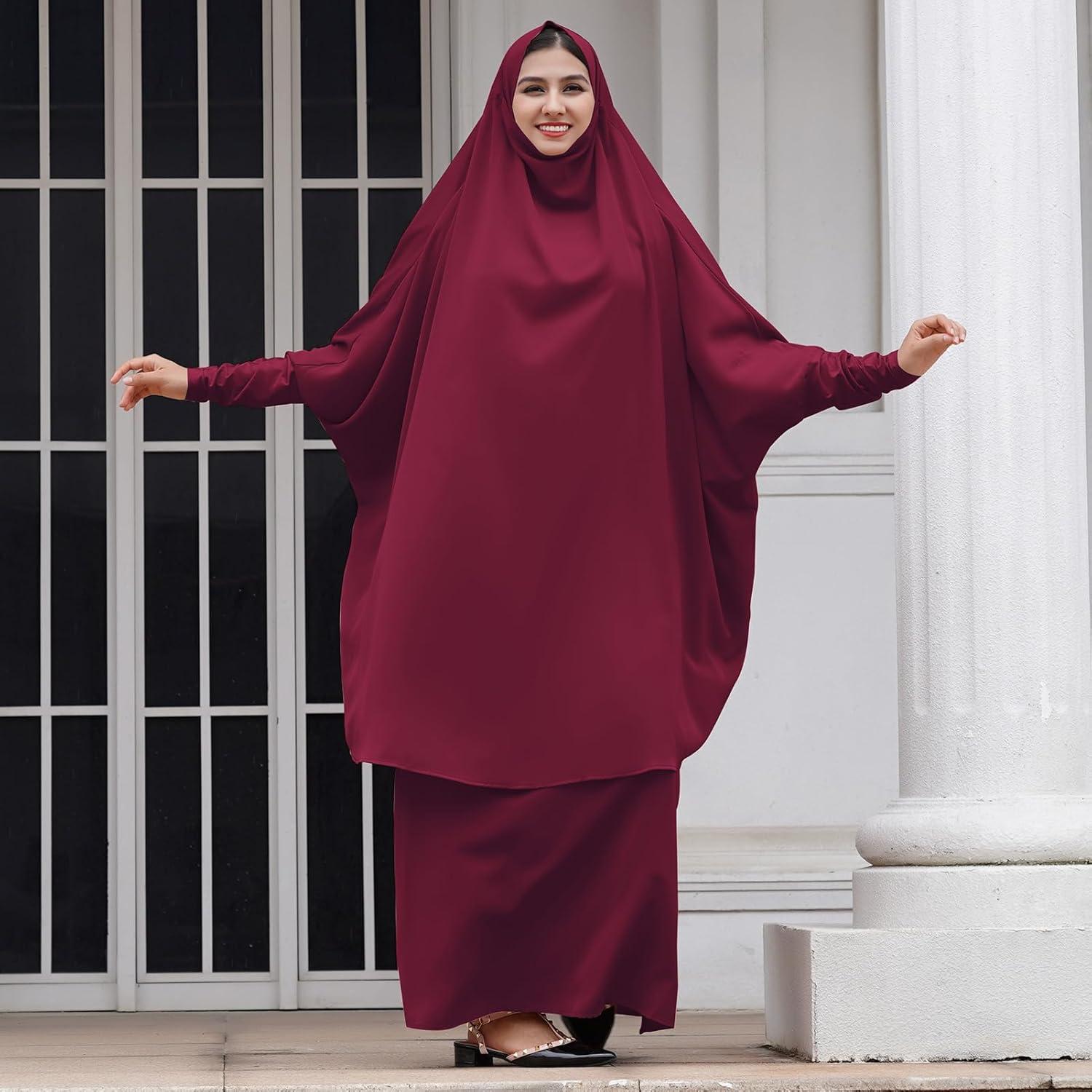 imageIDOPIP Two Pieces Jilbab Modest Dress for Muslim Women Long Maxi Khimar  Skirt with Hijab Burkas Islamic Abaya Dress OutfitWine Red
