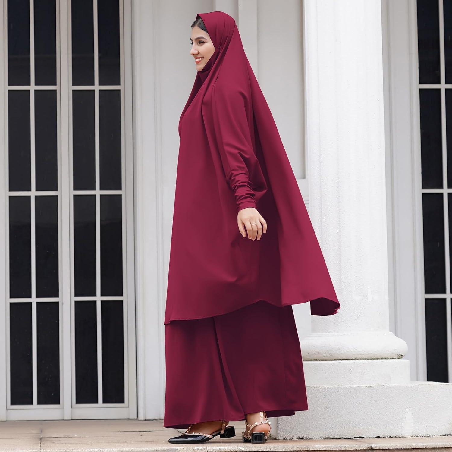 imageIDOPIP Two Pieces Jilbab Modest Dress for Muslim Women Long Maxi Khimar  Skirt with Hijab Burkas Islamic Abaya Dress OutfitWine Red