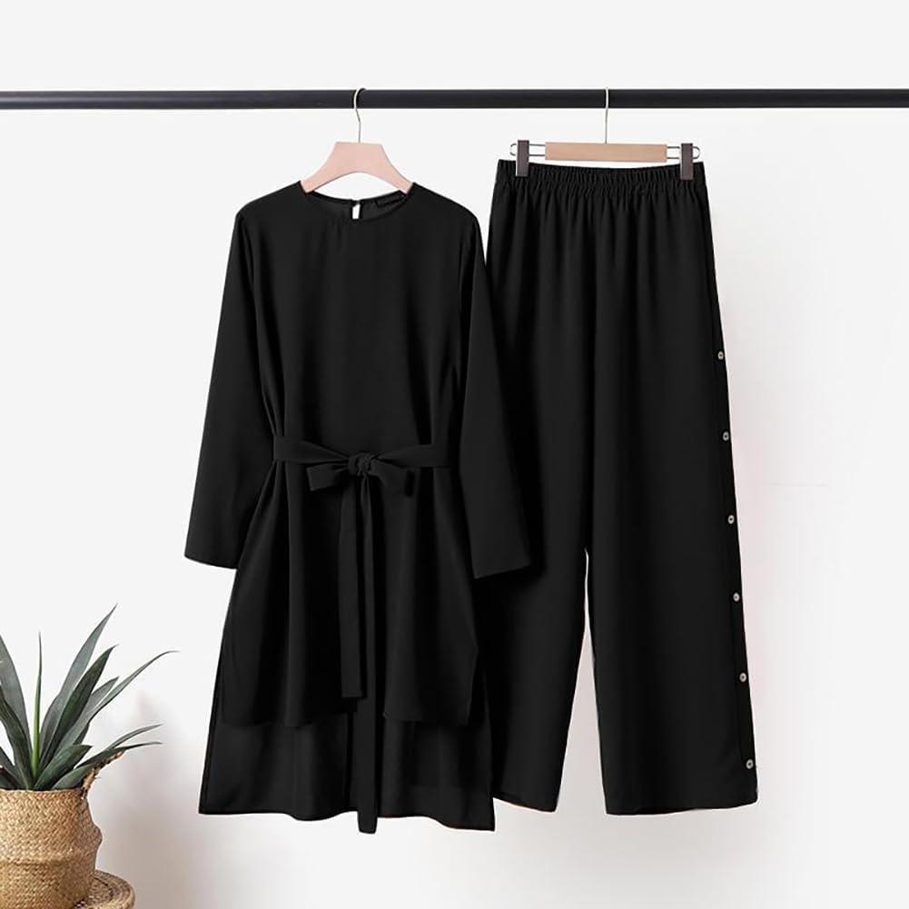 imageIDOPIP Womens Muslim Abaya Dress 2 Pieces Set Long Sleeve Button Down Shirt and Pants Casual Arabic Islamic Dubai OutfitsBlack  Belt