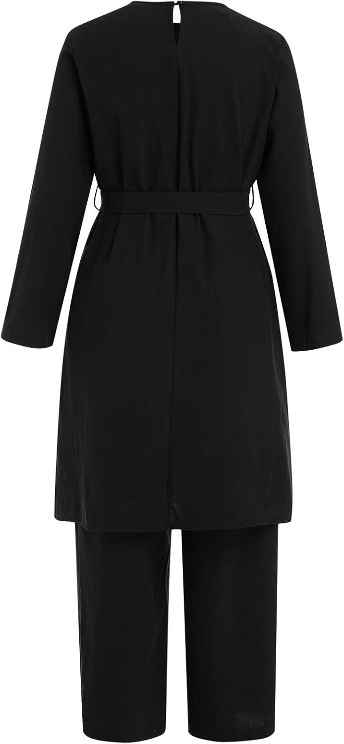 imageIDOPIP Womens Muslim Abaya Dress 2 Pieces Set Long Sleeve Button Down Shirt and Pants Casual Arabic Islamic Dubai OutfitsBlack  Belt